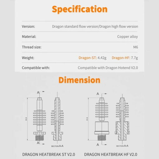 Bigtreetech® dragon heatbreak v2.0 st/hf for dragon hotend 3d printer parts
